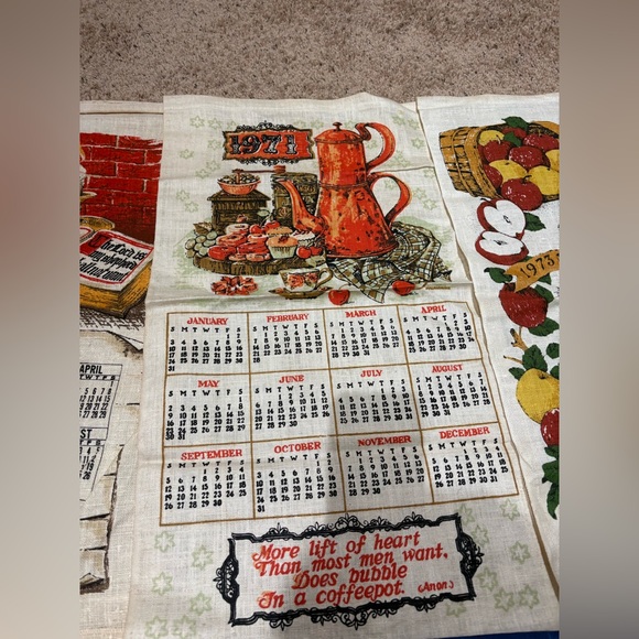 Lot 8 Vintage 60s 70s Linen Calendar Towels Country Farmhouse Folk Kitchen - Picture 5 of 13